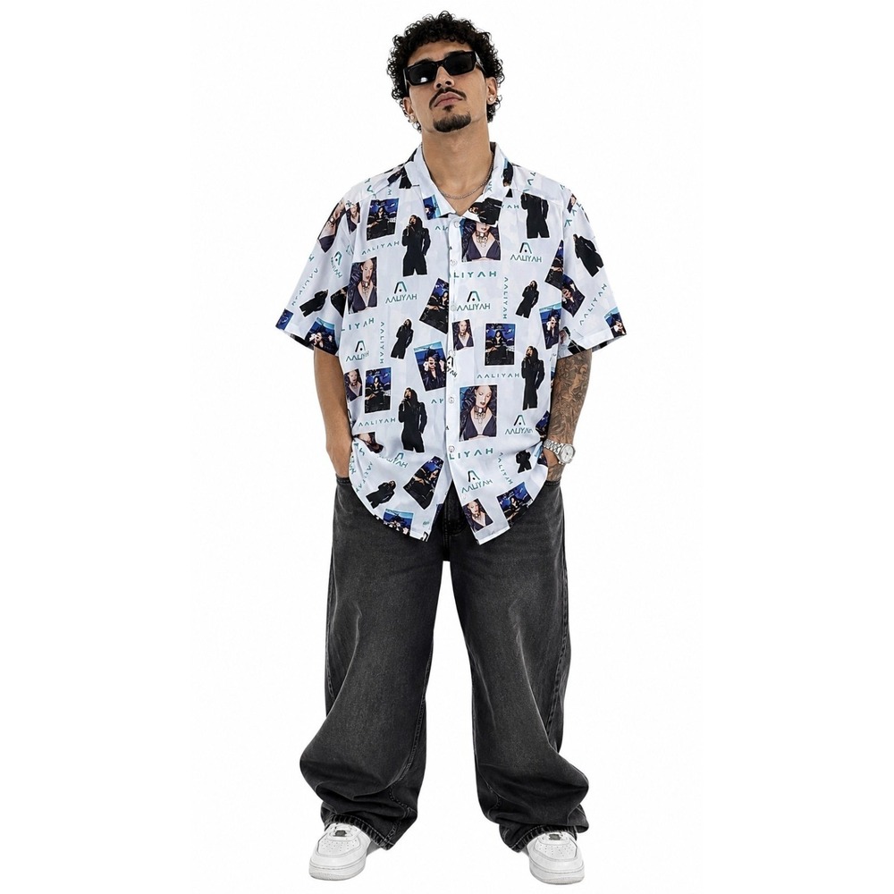 Aaliyah Button Down Shirt Mens White All Over Print Graphic Rayon Short Sleeve